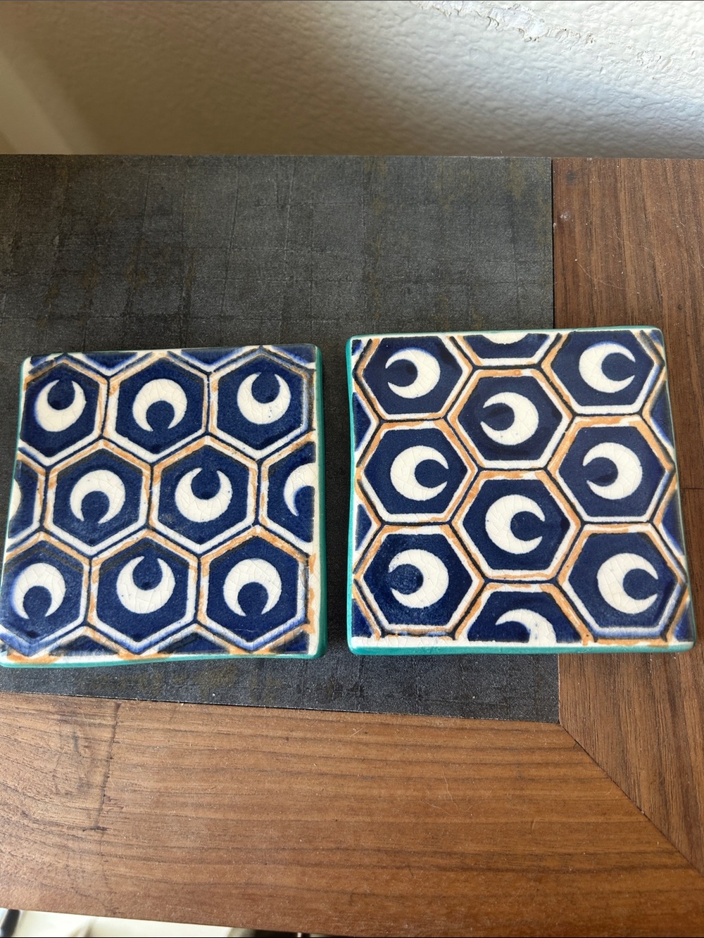 Anthropologie Blue Geometric Hexagon Ceramic Tile Coasters - Set of 2